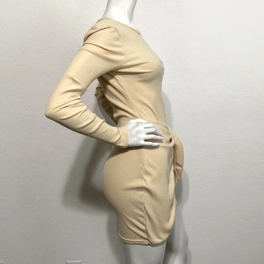 Superdown Nude Color Long Sleeve Rib Knit Draped Dana Wrap Mini Dress Size M - Picture 5 of 8
